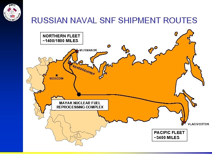 RUSSIAN NAVAL SNF SHIPMENT ROUTES NORTHERN FLEET ~1400/1800 MILES MURMANSK SEV ERO DVI NSK