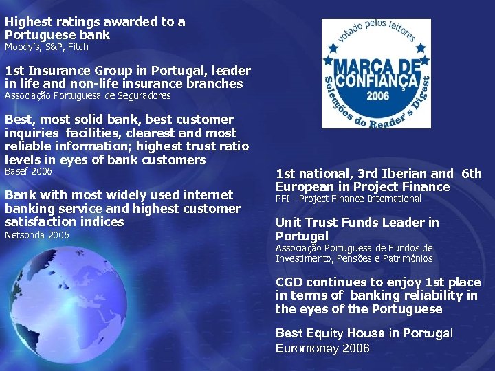 Highest ratings awarded to a Portuguese bank Moody’s, S&P, Fitch 1 st Insurance Group