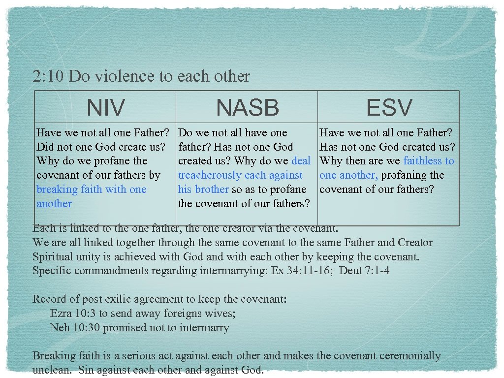 2: 10 Do violence to each other NIV NASB ESV Have we not all