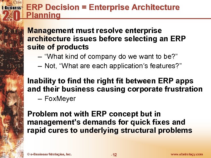ERP Decision = Enterprise Architecture Planning Management must resolve enterprise architecture issues before selecting