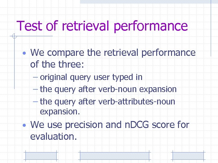 Test of retrieval performance • We compare the retrieval performance of the three: –