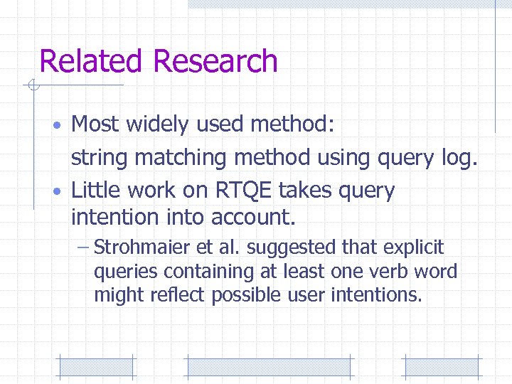 Related Research • Most widely used method: string matching method using query log. •