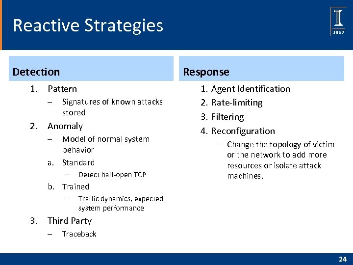 Reactive Strategies Detection Response 1. Pattern – Signatures of known attacks stored 2. Anomaly