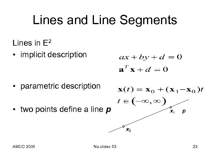 Lines and Line Segments Lines in E 2 • implicit description • parametric description