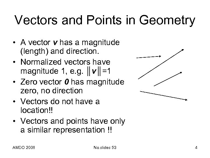 Vectors and Points in Geometry • A vector v has a magnitude (length) and