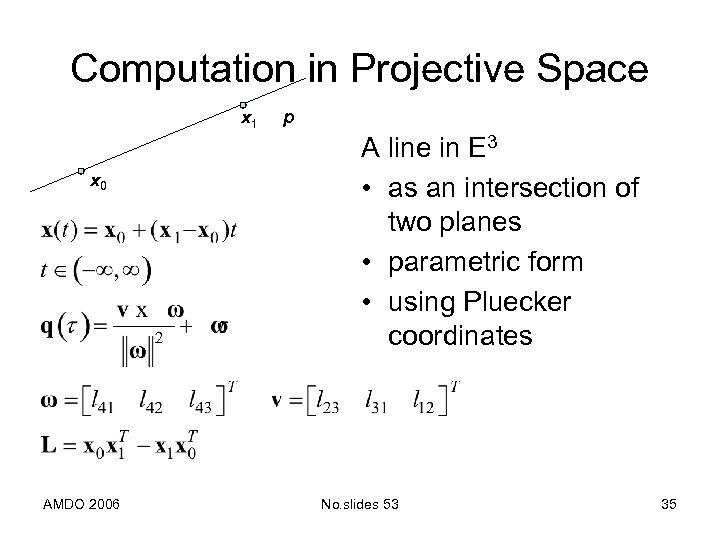 Computation in Projective Space x 1 x 0 AMDO 2006 p A line in