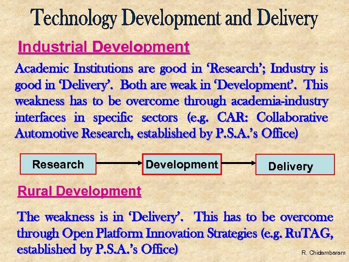 Industrial Development Academic Institutions are good in ‘Research’; Industry is good in ‘Delivery’. Both