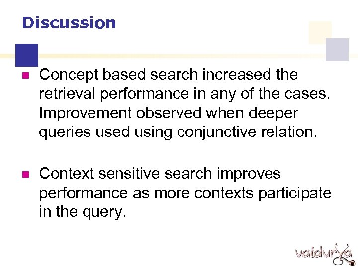 Discussion n Concept based search increased the retrieval performance in any of the cases.