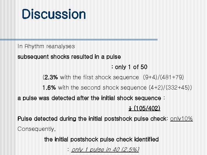 Discussion In Rhythm reanalyses subsequent shocks resulted in a pulse : only 1 of