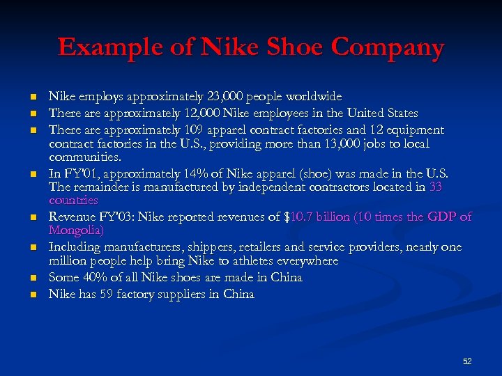Example of Nike Shoe Company n n n n Nike employs approximately 23, 000