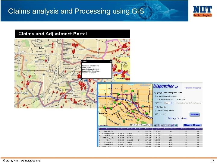 Claims analysis and Processing using GIS Claims and Adjustment Portal © 2013, NIIT Technologies