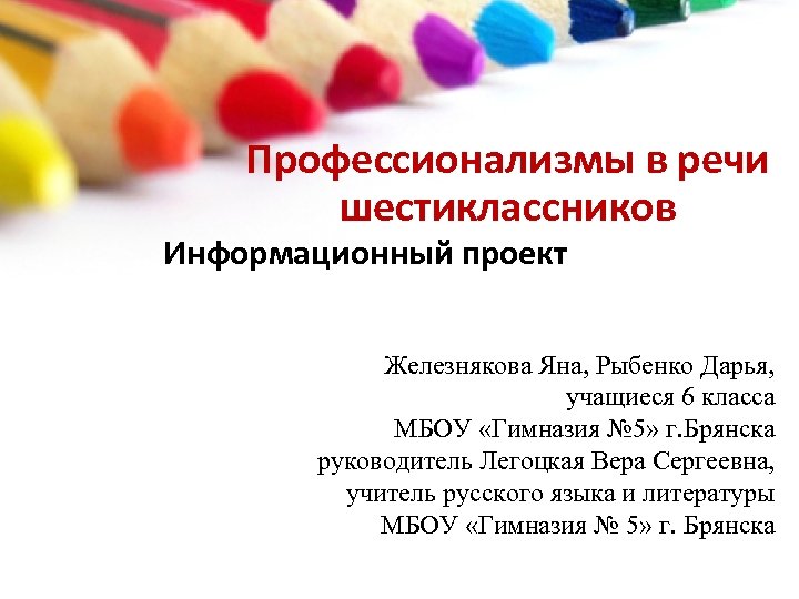 Профессионализмы в речи шестиклассников Информационный проект Железнякова Яна, Рыбенко Дарья, учащиеся 6 класса МБОУ