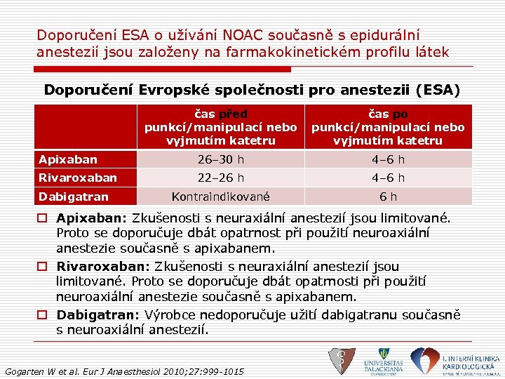 Doporučení ESA o užívání NOAC současně s epidurální anestezií jsou založeny na farmakokinetickém profilu
