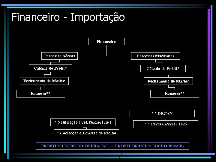 Financeiro - Importação Financeiro Processos Aéreos Cálculo do Prófit* Fechamento do Master Remessa** Processos