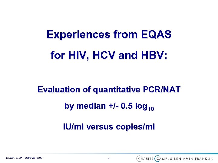 Experiences from EQAS for HIV, HCV and HBV: Evaluation of quantitative PCR/NAT by median