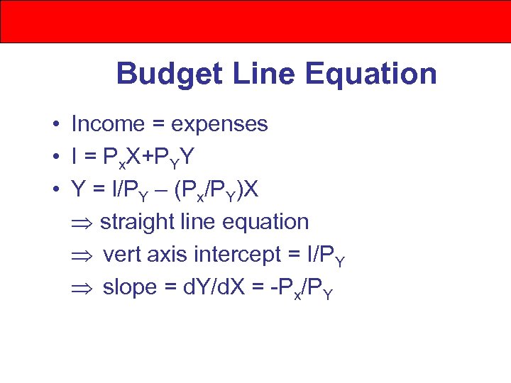 Budget Line Equation • Income = expenses • I = Px. X+PYY • Y