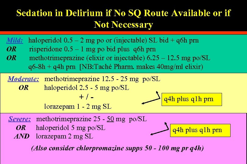 Sedation in Delirium if No SQ Route Available or if Not Necessary Mild: haloperidol