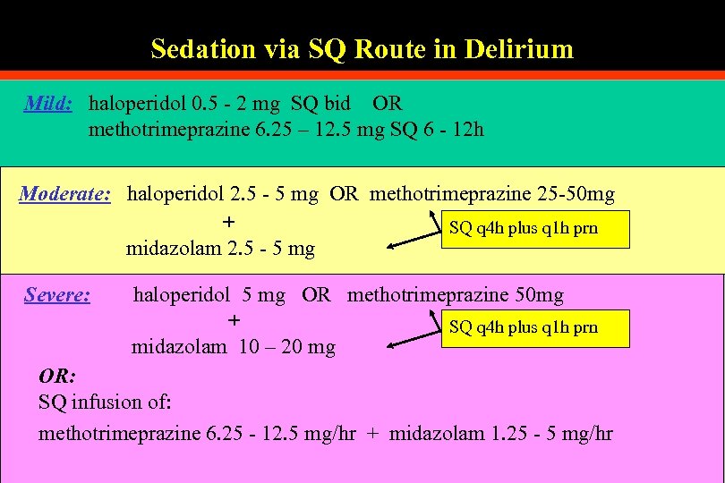 Sedation via SQ Route in Delirium Mild: haloperidol 0. 5 - 2 mg SQ