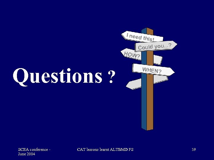 I need HOW Questions ? SCEA conference June 2004 CAT lessons learnt ALTBMD FS