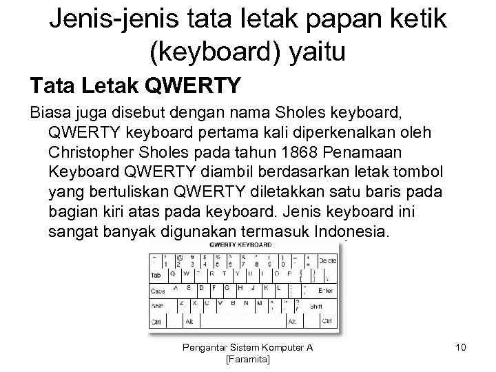 Jenis-jenis tata letak papan ketik (keyboard) yaitu Tata Letak QWERTY Biasa juga disebut dengan
