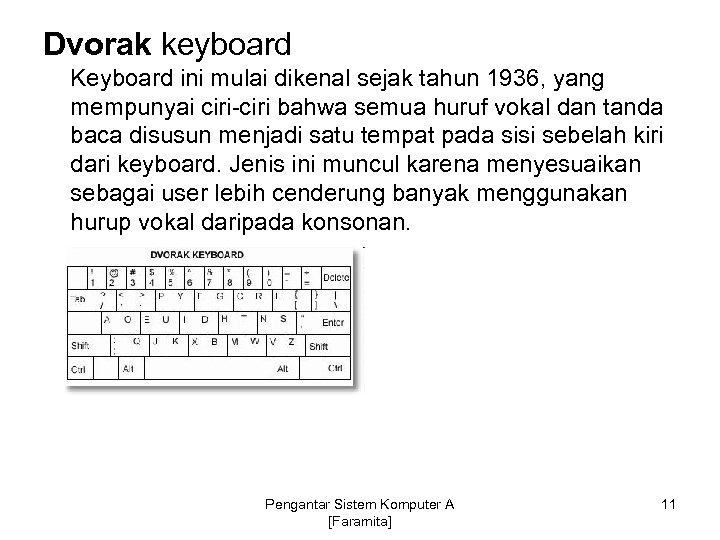 Dvorak keyboard Keyboard ini mulai dikenal sejak tahun 1936, yang mempunyai ciri-ciri bahwa semua