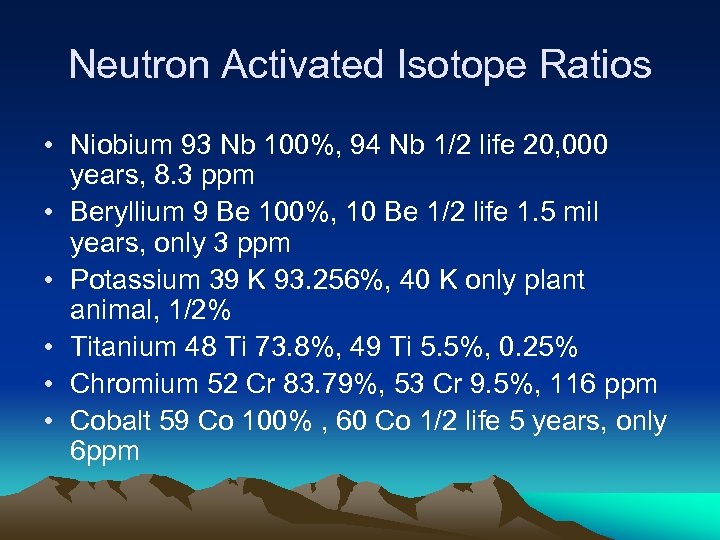 Neutron Activated Isotope Ratios • Niobium 93 Nb 100%, 94 Nb 1/2 life 20,