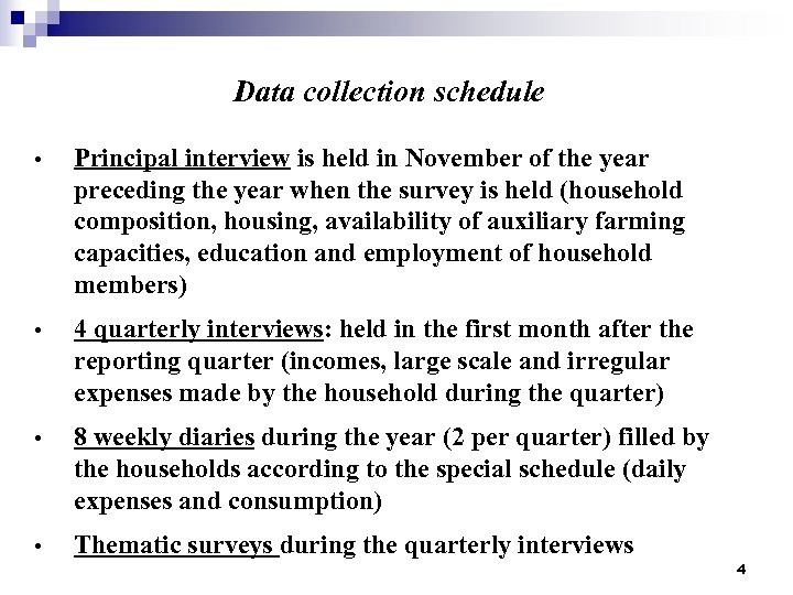 Data collection schedule • Principal interview is held in November of the year preceding