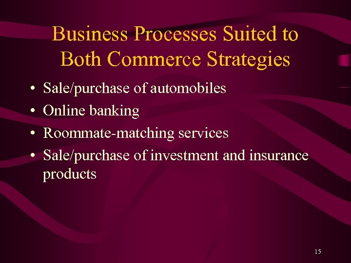 Business Processes Suited to Both Commerce Strategies • • Sale/purchase of automobiles Online banking