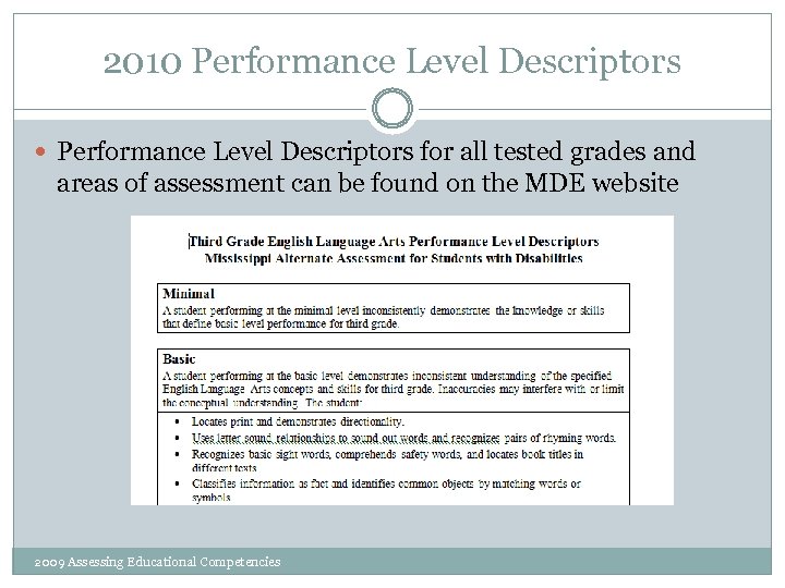 2010 Performance Level Descriptors for all tested grades and areas of assessment can be