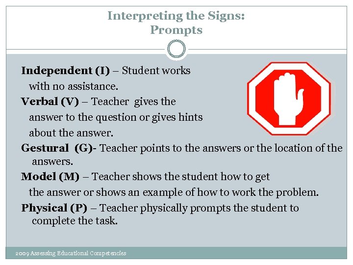 Interpreting the Signs: Prompts Independent (I) – Student works with no assistance. Verbal (V)