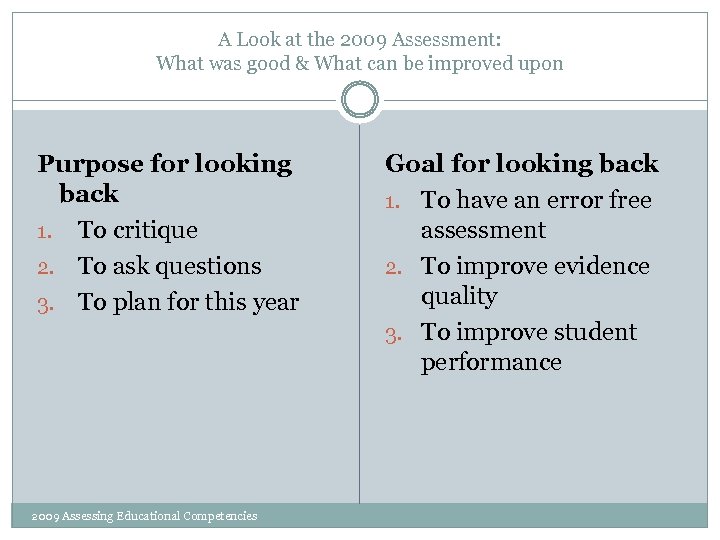 A Look at the 2009 Assessment: What was good & What can be improved