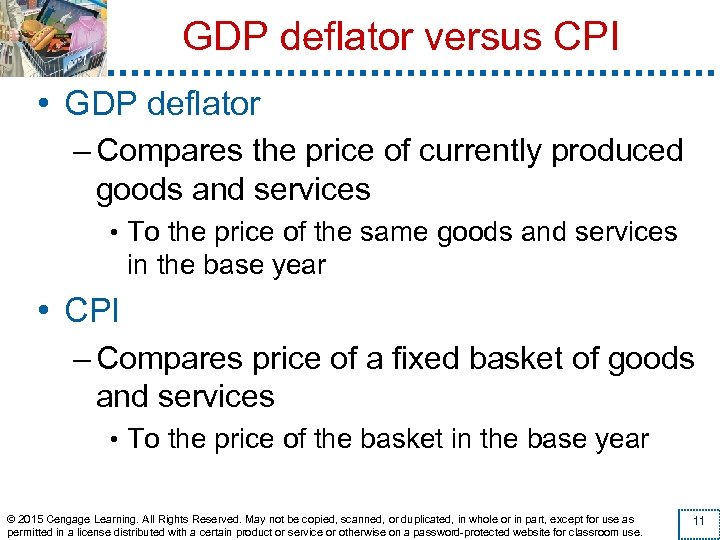 GDP deflator versus CPI • GDP deflator – Compares the price of currently produced