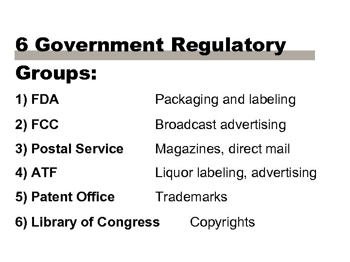 6 Government Regulatory Groups: 1) FDA Packaging and labeling 2) FCC Broadcast advertising 3)