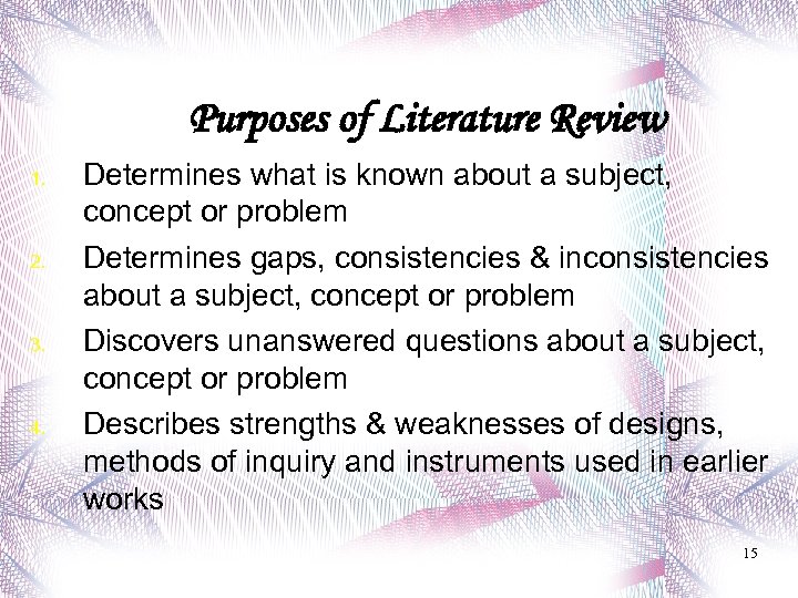 Purposes of Literature Review 1. 2. 3. 4. Determines what is known about a
