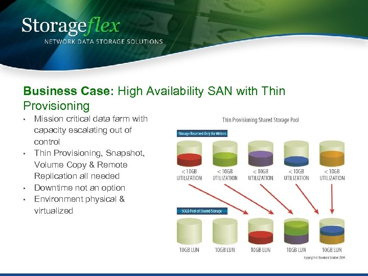 Business Case: High Availability SAN with Thin Provisioning • • Mission critical data farm
