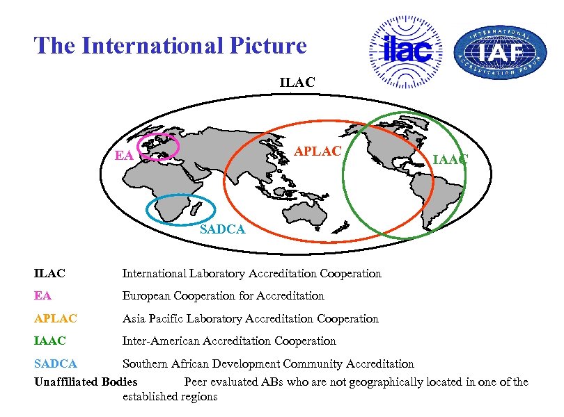 The International Picture ILAC APLAC EA IAAC SADCA ILAC International Laboratory Accreditation Cooperation EA