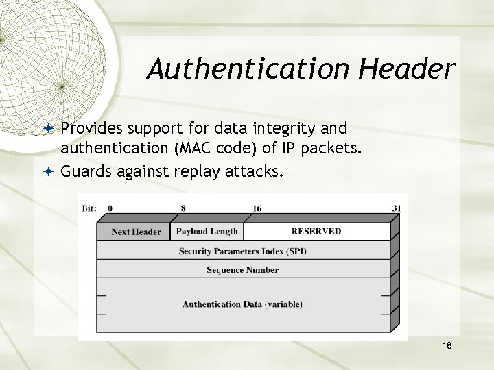 Authentication Header Provides support for data integrity and authentication (MAC code) of IP packets.