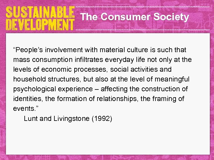 The Consumer Society “People’s involvement with material culture is such that mass consumption infiltrates