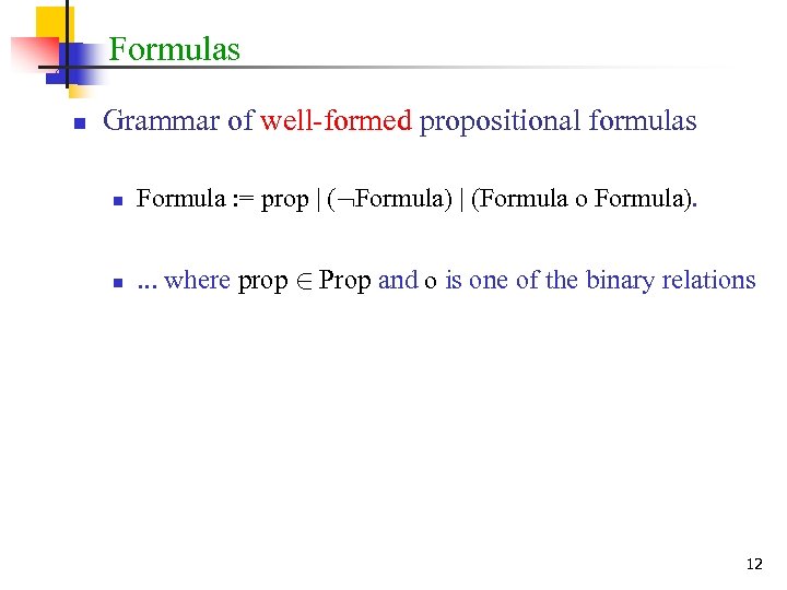 Formulas n Grammar of well-formed propositional formulas n Formula : = prop | (