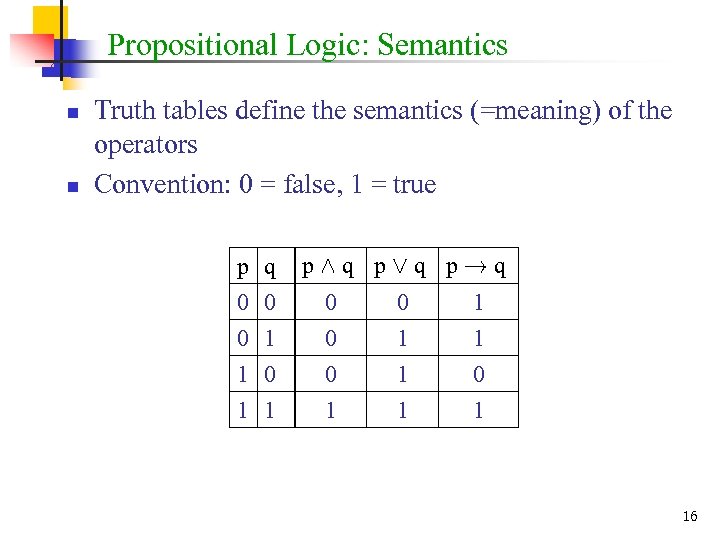 Propositional Logic: Semantics n n Truth tables define the semantics (=meaning) of the operators