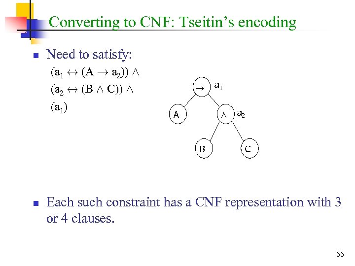 Converting to CNF: Tseitin’s encoding n Need to satisfy: (a 1 $ (A !