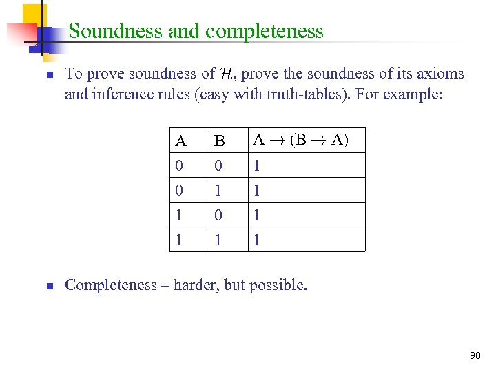 Soundness and completeness n To prove soundness of H, prove the soundness of its