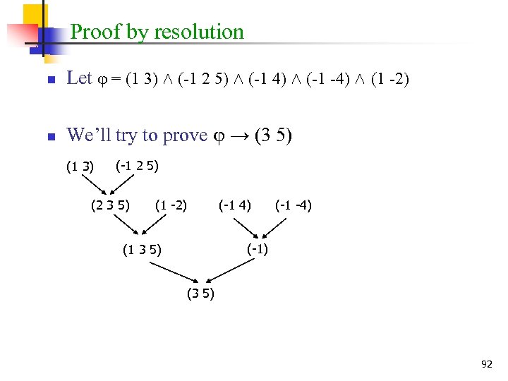 Proof by resolution n Let = (1 3) Æ (-1 2 5) Æ (-1