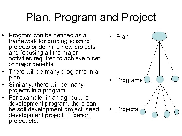 Plan, Program and Project • Program can be defined as a framework for groping