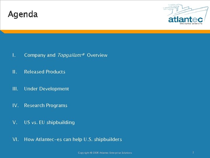 Agenda I. Company and Topgallant® Overview II. Released Products III. Under Development IV. Research