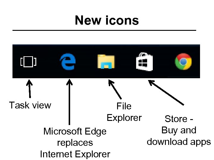 New icons Task view File Explorer Store Buy and Microsoft Edge download apps replaces