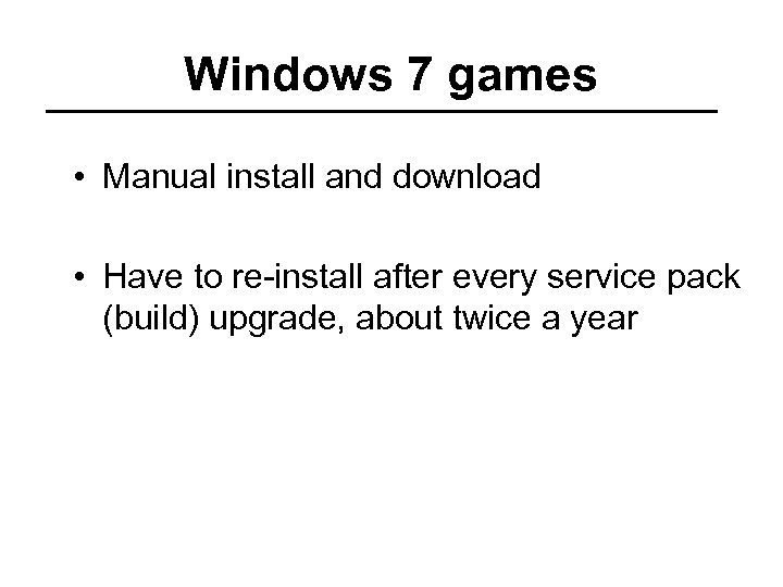 Windows 7 games • Manual install and download • Have to re-install after every