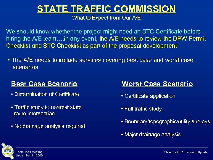 STATE TRAFFIC COMMISSION What to Expect from Our A/E We should know whether the