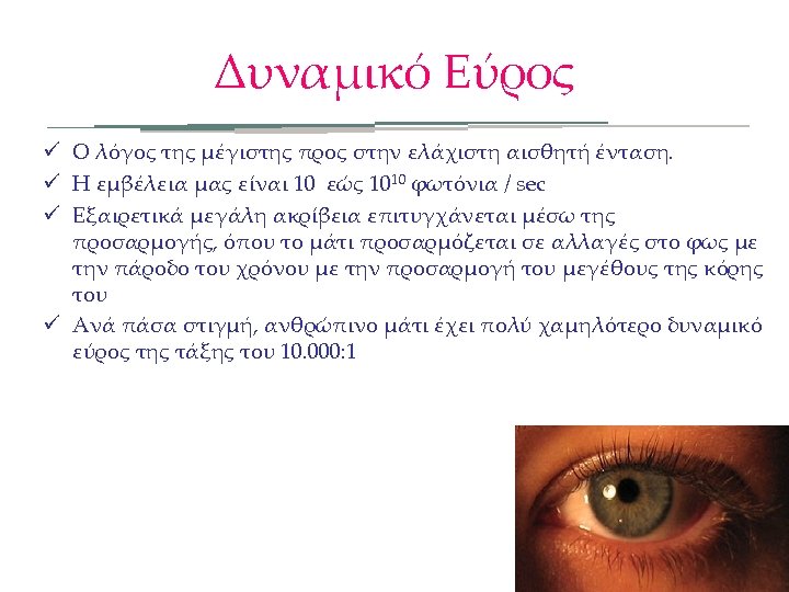 Δυναμικό Εύρος ü Ο λόγος της μέγιστης προς στην ελάχιστη αισθητή ένταση. ü Η