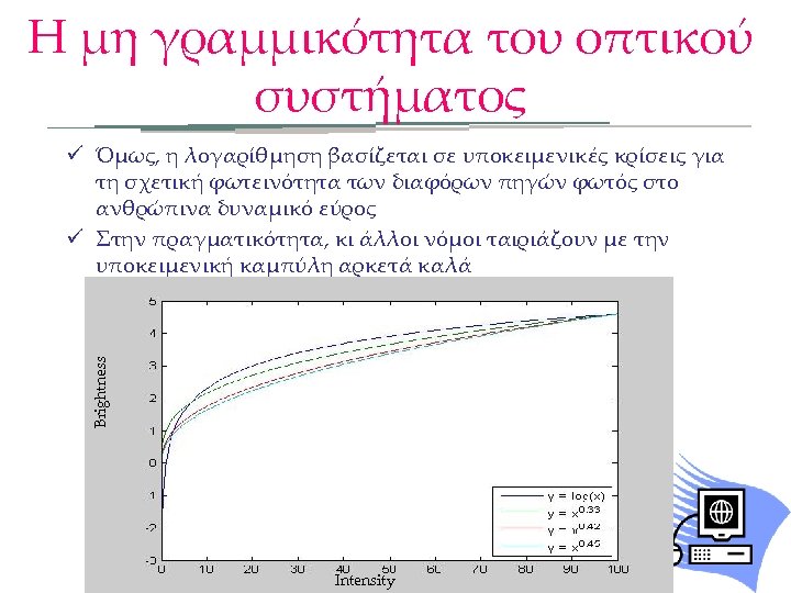 Η μη γραμμικότητα του οπτικού συστήματος Brightness ü Όμως, η λογαρίθμηση βασίζεται σε υποκειμενικές